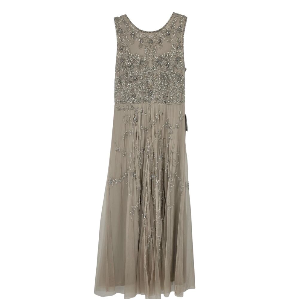 NWT Pisarro Nights Beige Beaded Sleeveless A-Line Formal Cocktail Gown Size 10